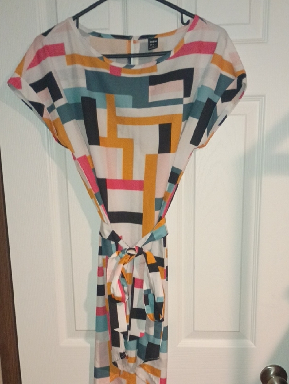 SHEIN Multicolor Geometric Belted Blouse Dress